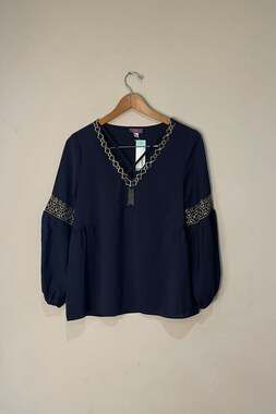 Truly Poppy Navy Blue Gold Embroidered V-Neck Blouse Size S